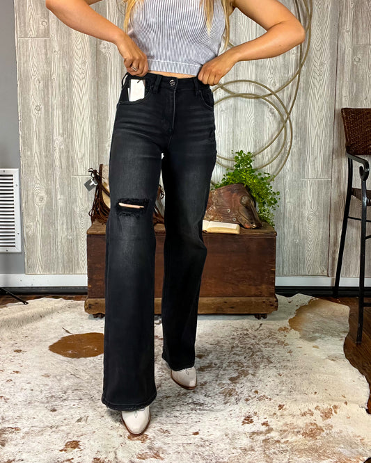 Amy High Rise Wide Leg Risen Jeans - Black