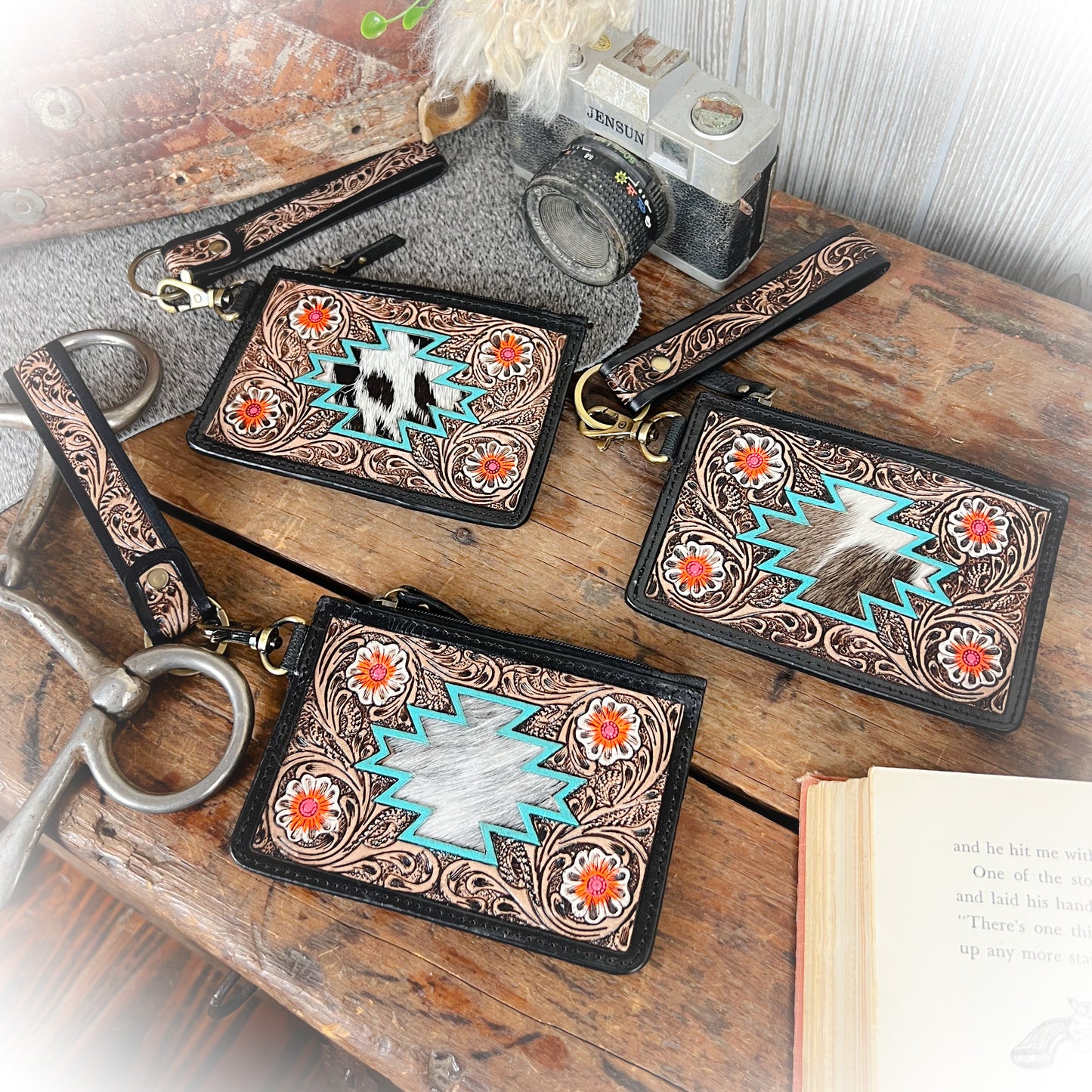 Western Nation Tooled Leather & Cowhide Card Holder