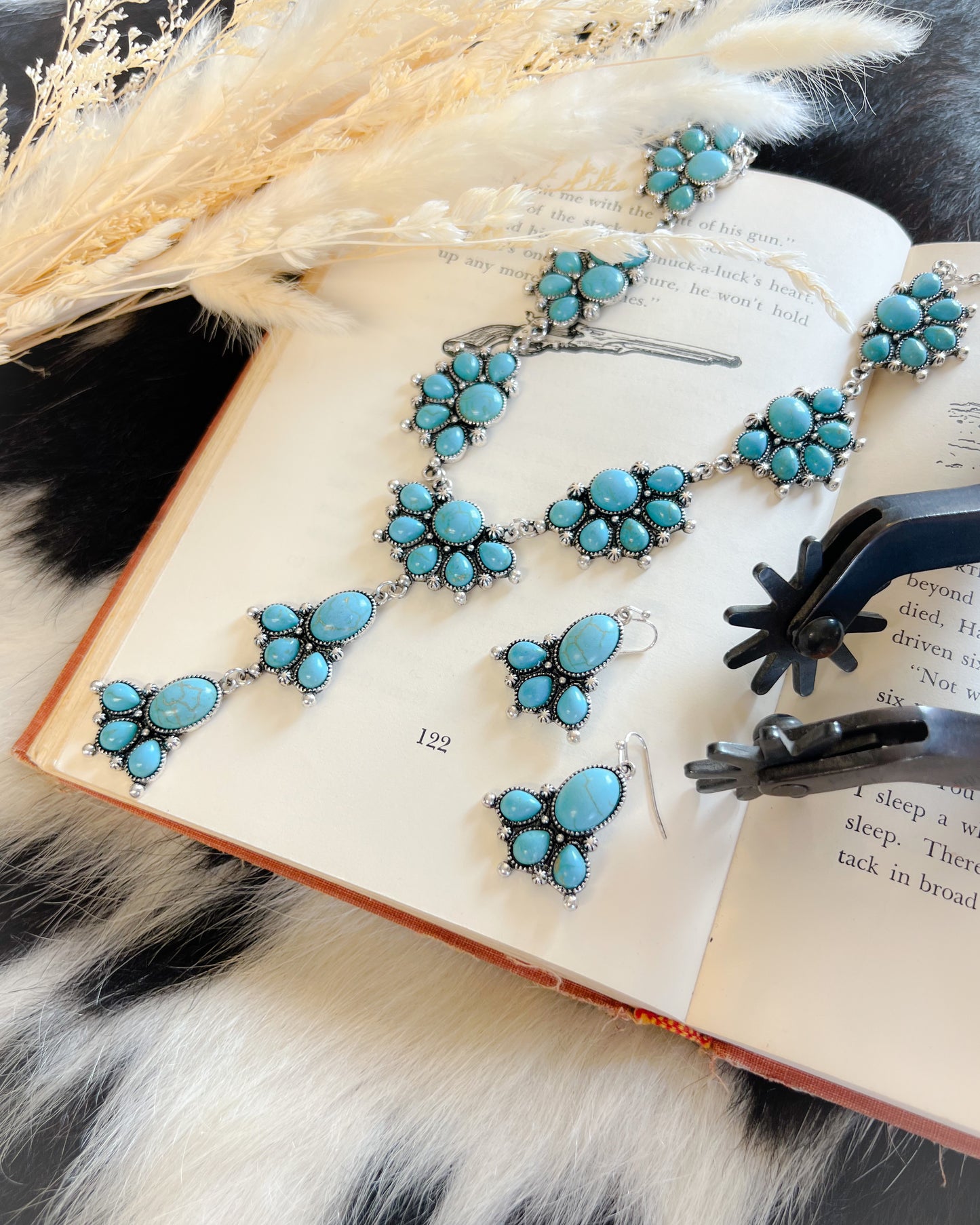 Western Concho Stone Lariat Necklace & Earrings Set