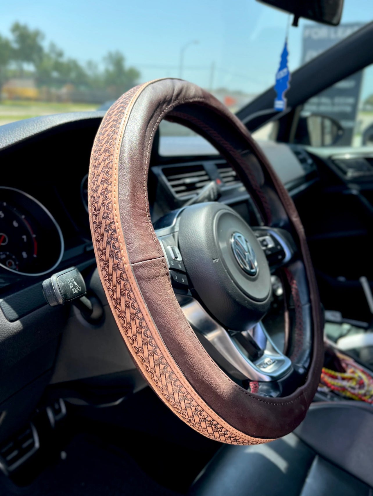 Cowboy Basic Brown Western Basket Stamp Steering Wheel Cover - Tooled Leather