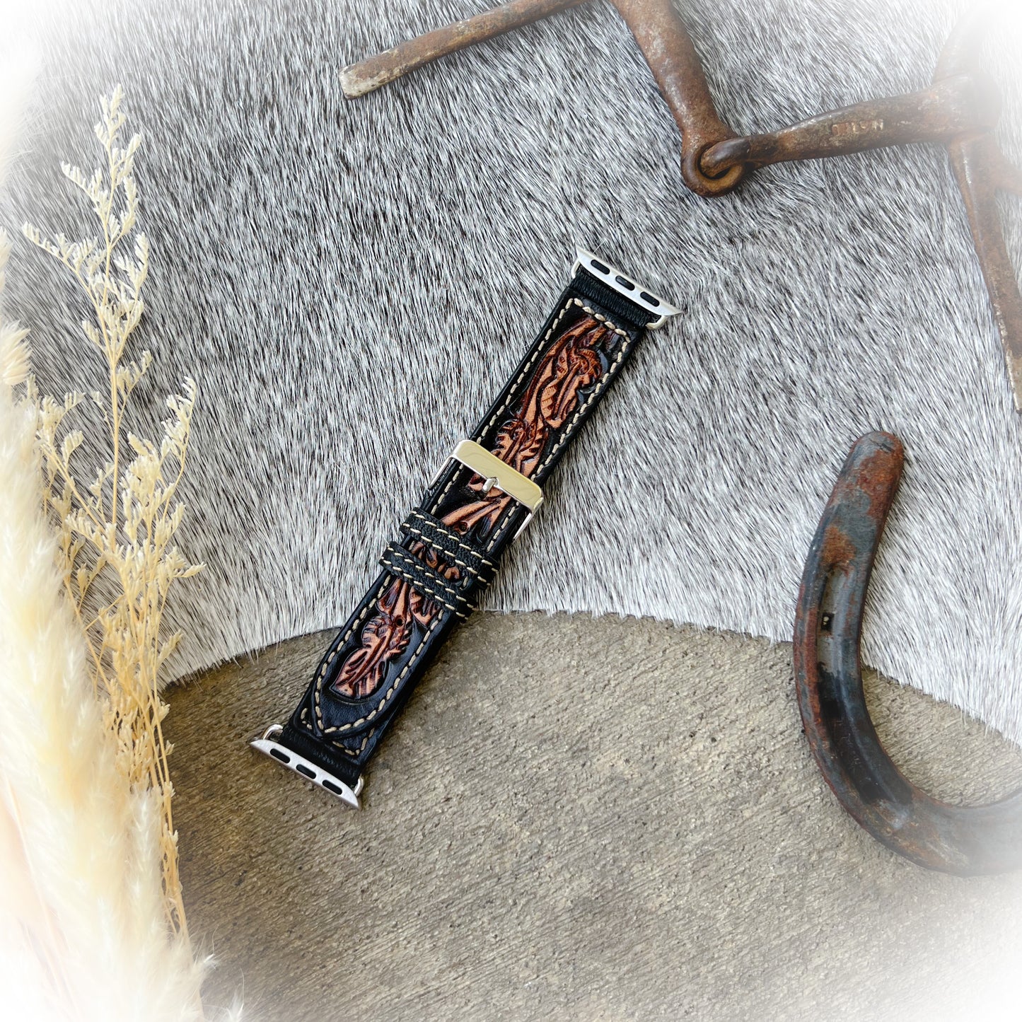 Western Tooled Leather Watch Band – Black & Brown (38mm–40mm)