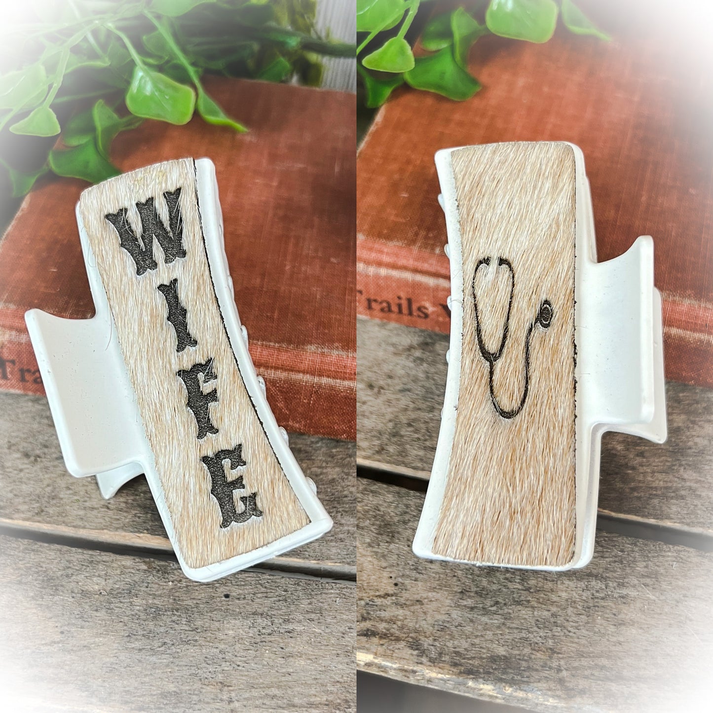 Wife/Stethoscope Cowhide Claw Clips