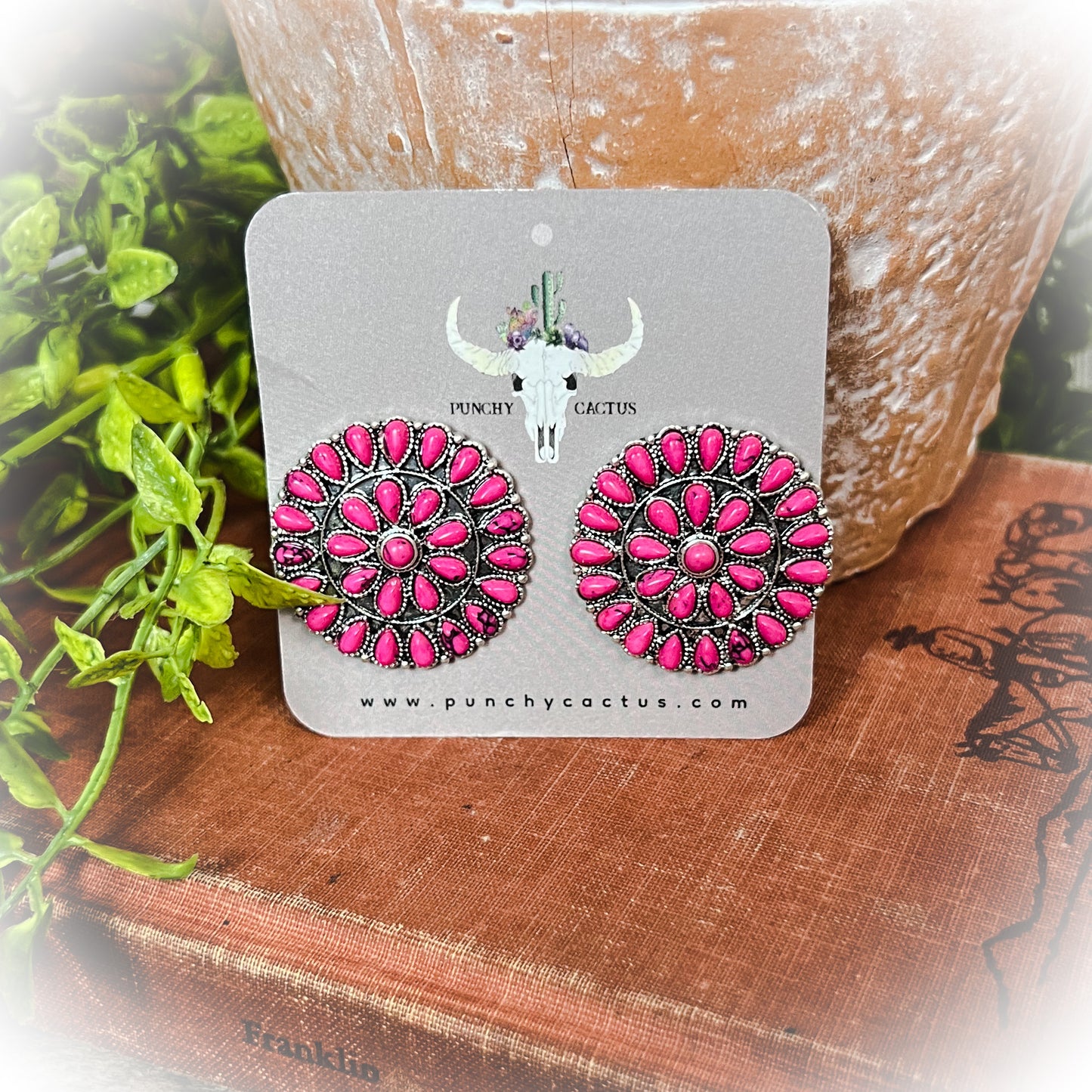 Large Western Cluster Stud Earrings - Hot Pink