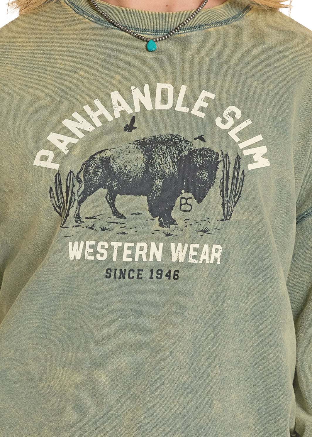 Desert Buffalo - Panhandle Slim Western Wear Graphic Crewneck – Mineral Washed Green Sweatshirt (100% Cotton)