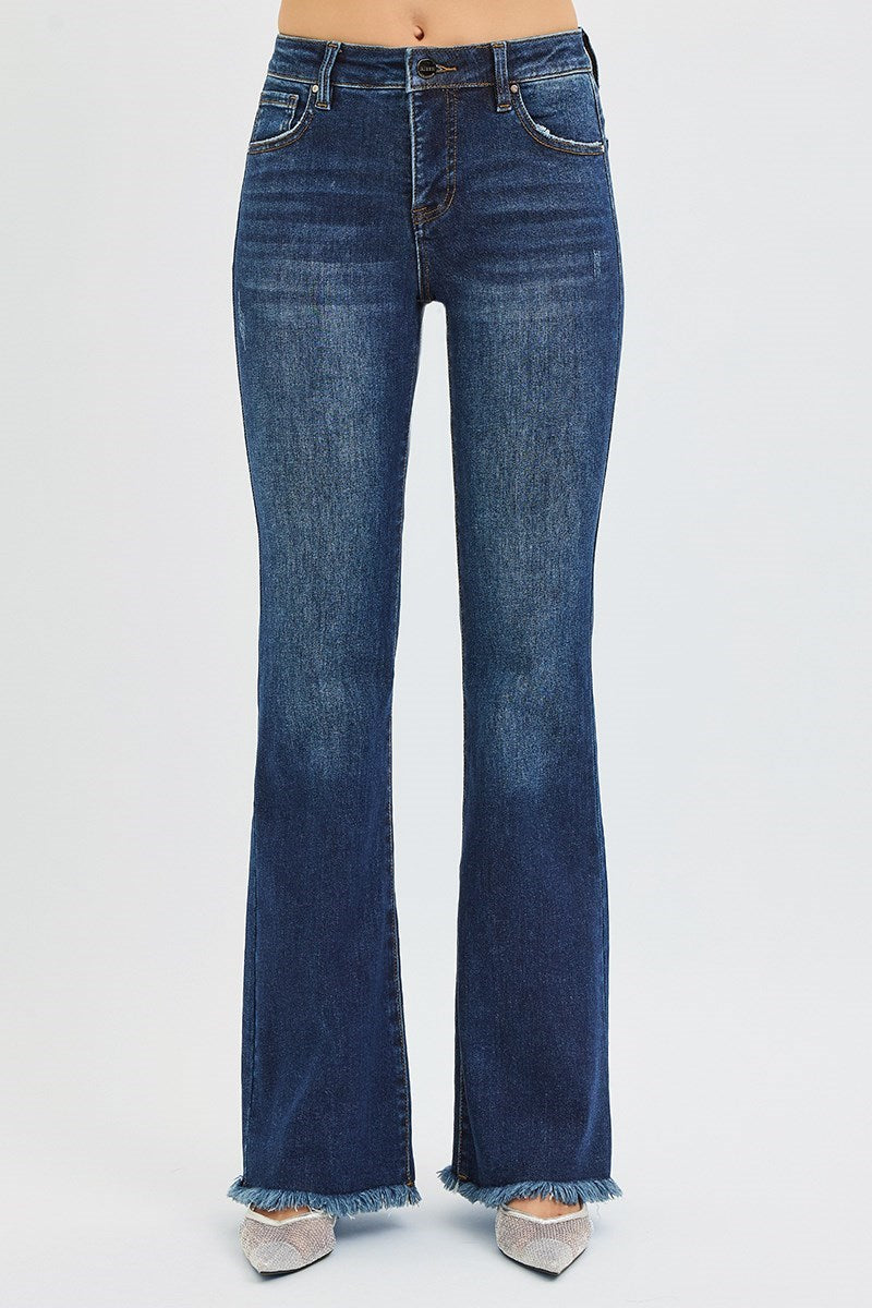 Della Risen Jeans, Dark Wash Mid Rise Flare Jeans with Tummy Control and Raw Hem, Stretch Denim