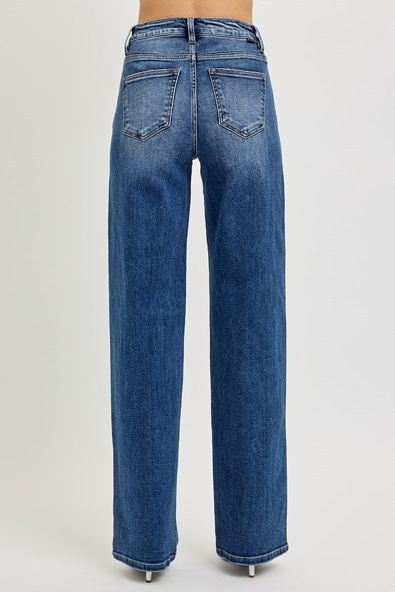 Harper Risen Jeans, Dark Wash High Rise Wide Leg Straight Jeans, Stretch Denim