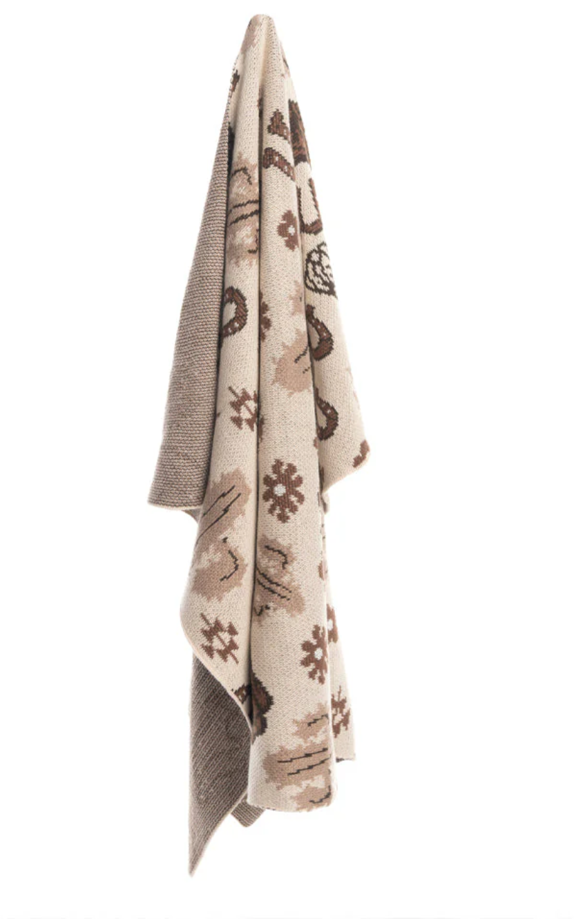 Cowgirl Western Cotton Small Blanket – Cowboy Boots, Cactus & Aztec Design | 100% Cotton | Tan Boho Neutral