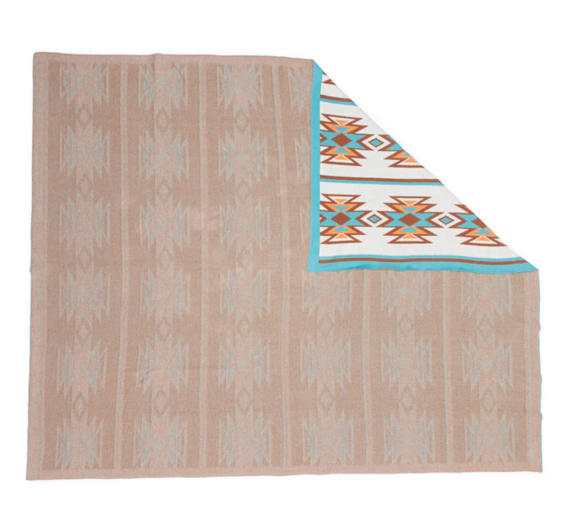 Turquoise Western Aztec Cotton Throw Blanket – Turquoise, Orange, Off-White & Brown | 100% Cotton | 50" x 60"