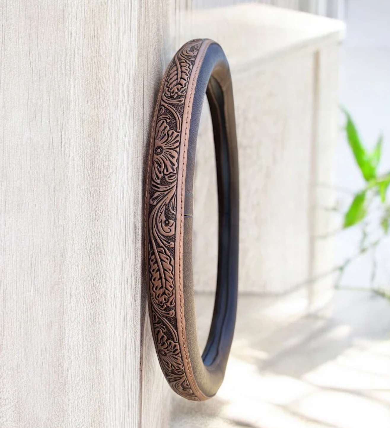 Classic Cowgirl Brown Western Floral Steering Wheel Cover - Tooled Leather