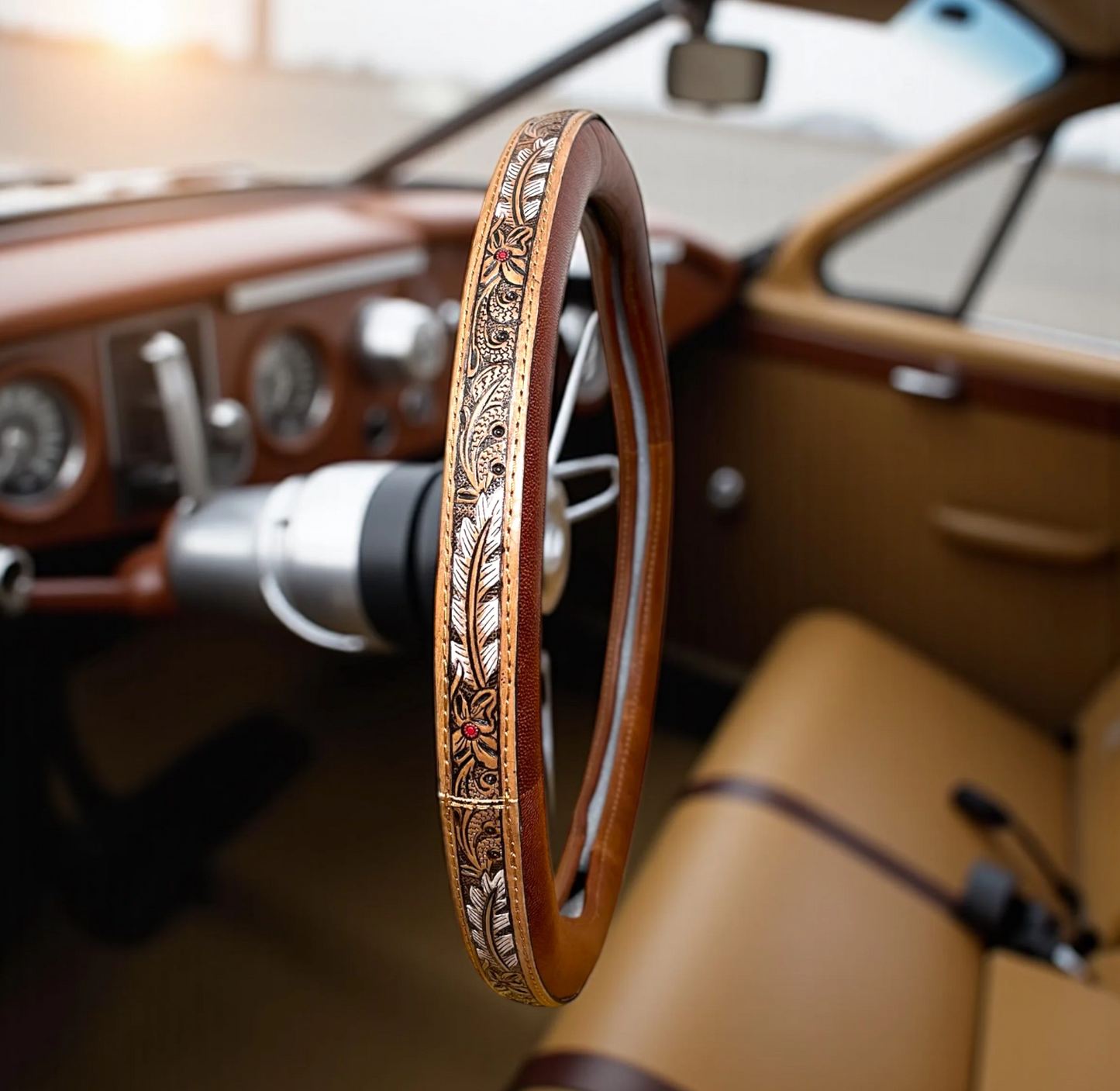 Free Roaming Brown Western Floral-Feather Steering Wheel Cover - Tooled Leather