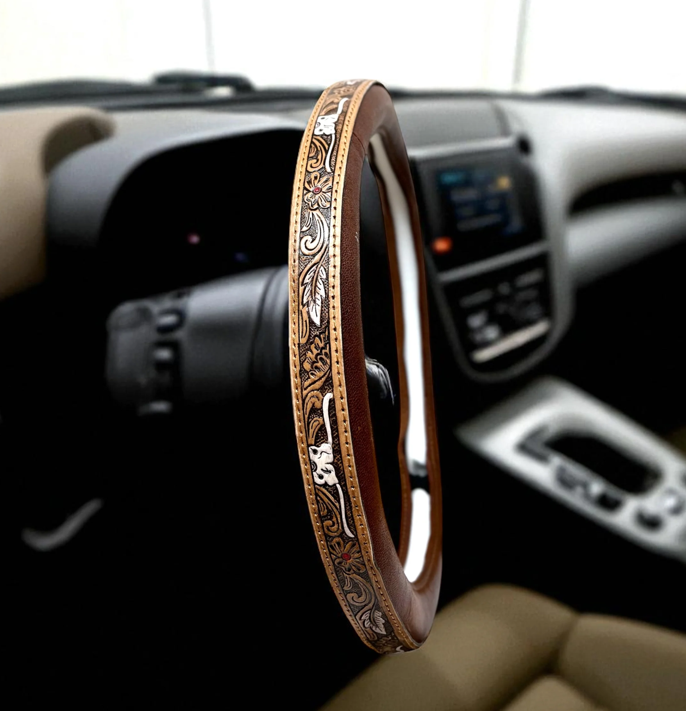 Outlaw Longhorn Brown Western Floral-Feather Steering Wheel Cover - Tooled Leather