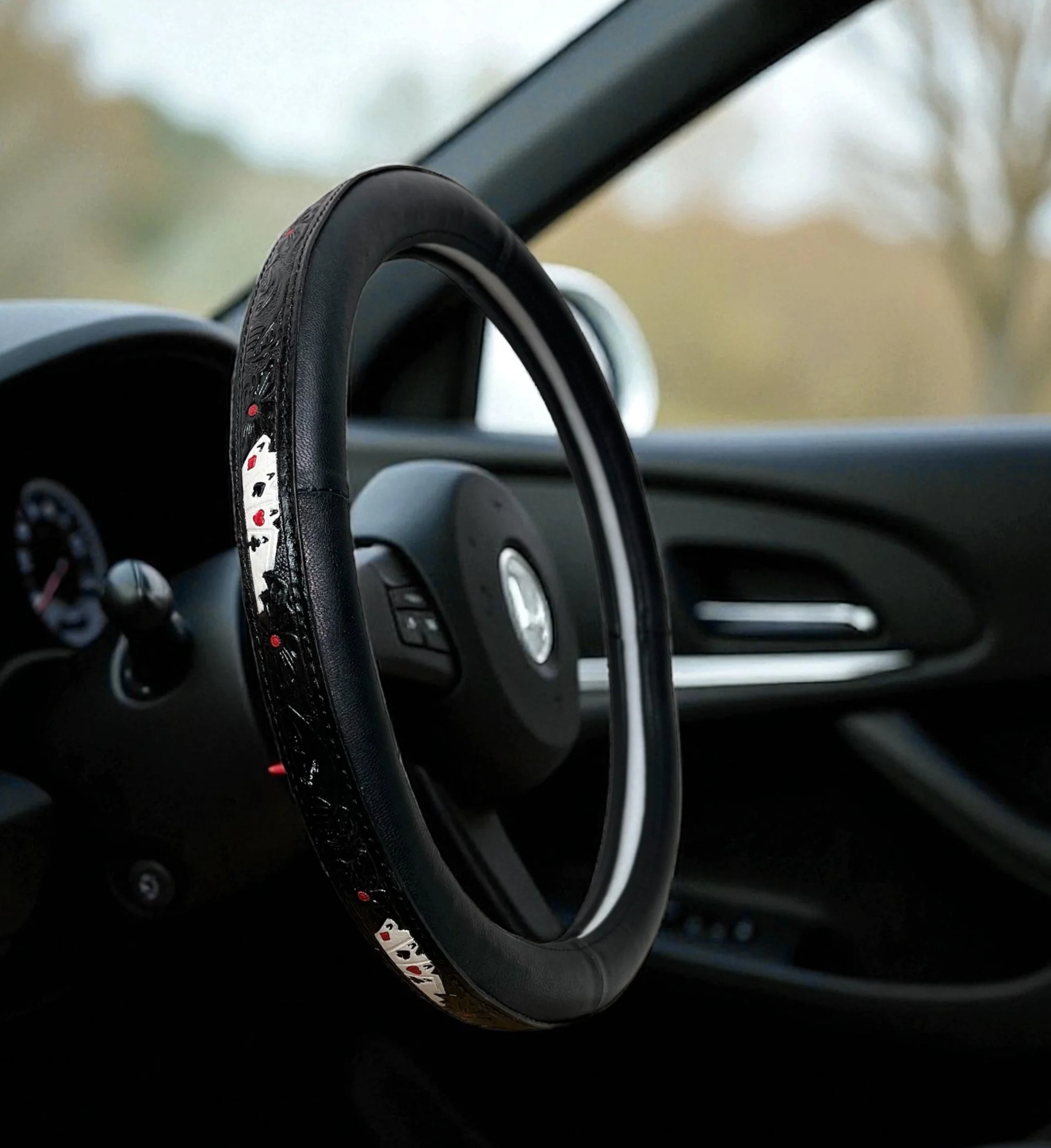 Lucky Aces Black Western Floral-Playing Cards Steering Wheel Cover - Tooled Leather