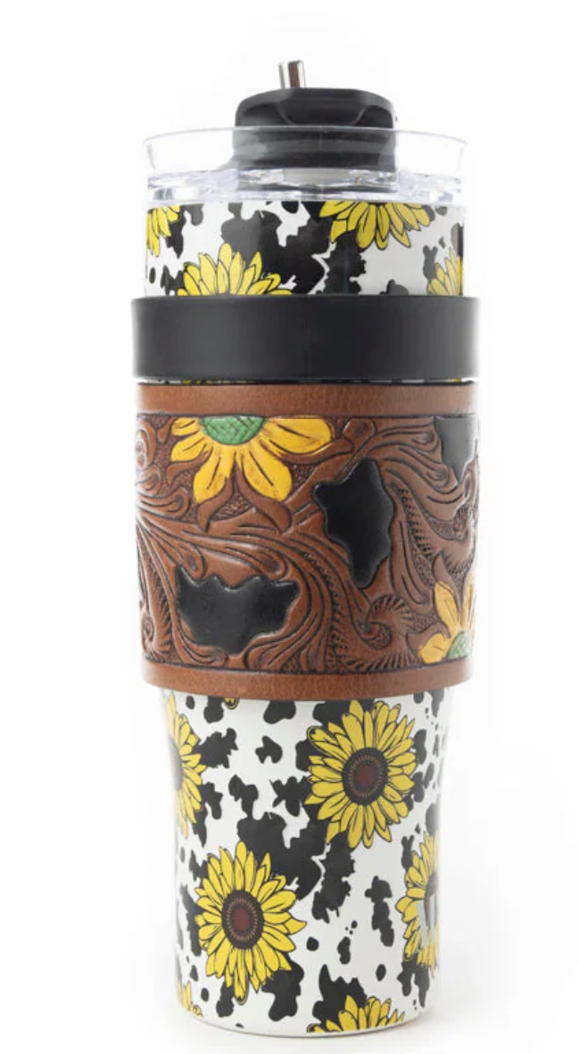 Sunflower & Cow Print 40oz Western Tumbler - Removable tooled leather sleeve