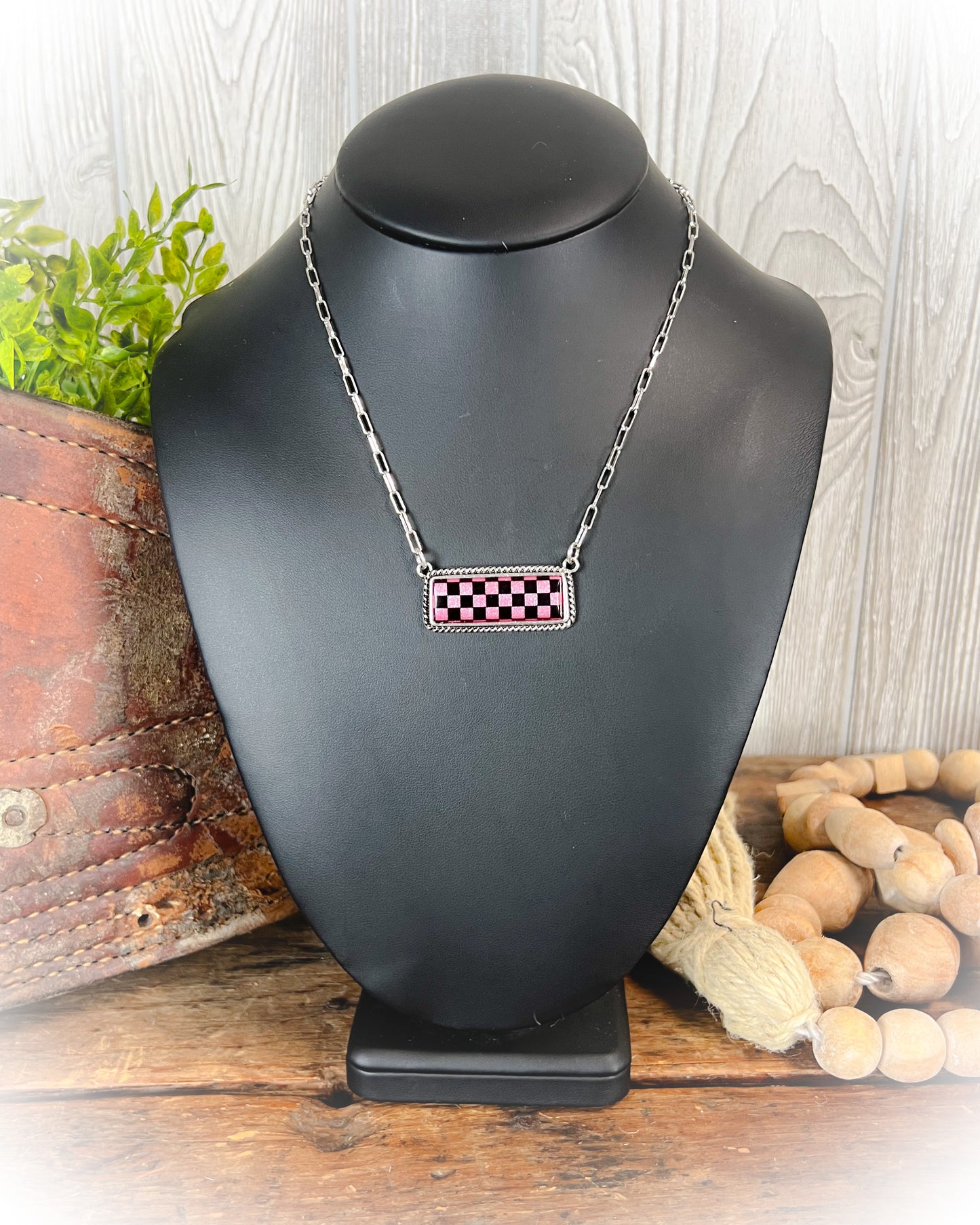 pink and black checkered print bar stone necklace | punchy cactus | western boutique | western jewelry