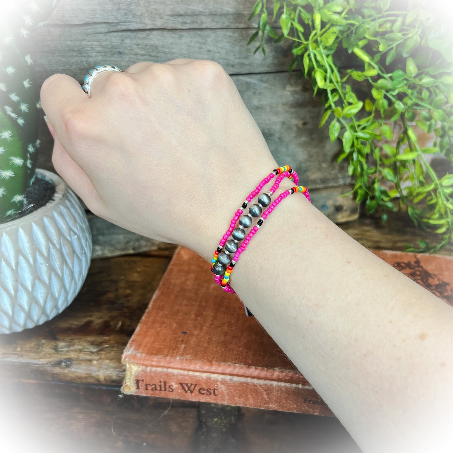 Western Seed Bead Stackable Bracelet Set - Hot Pink