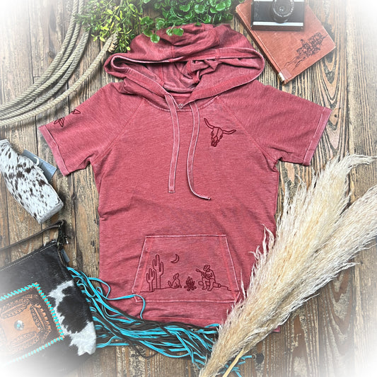 Western Embroidered Short Sleeve Hoodie