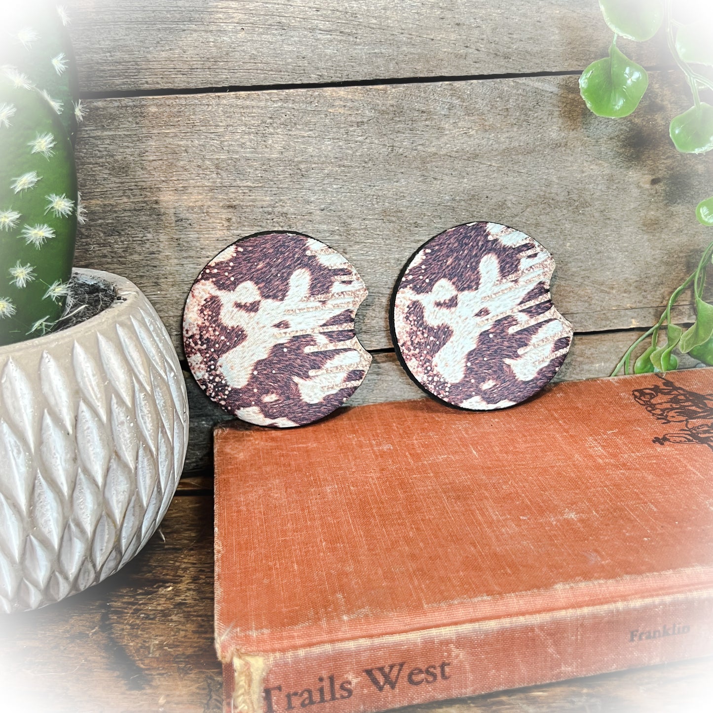 Cow Print & Rose Gold Glitter Car Coaster