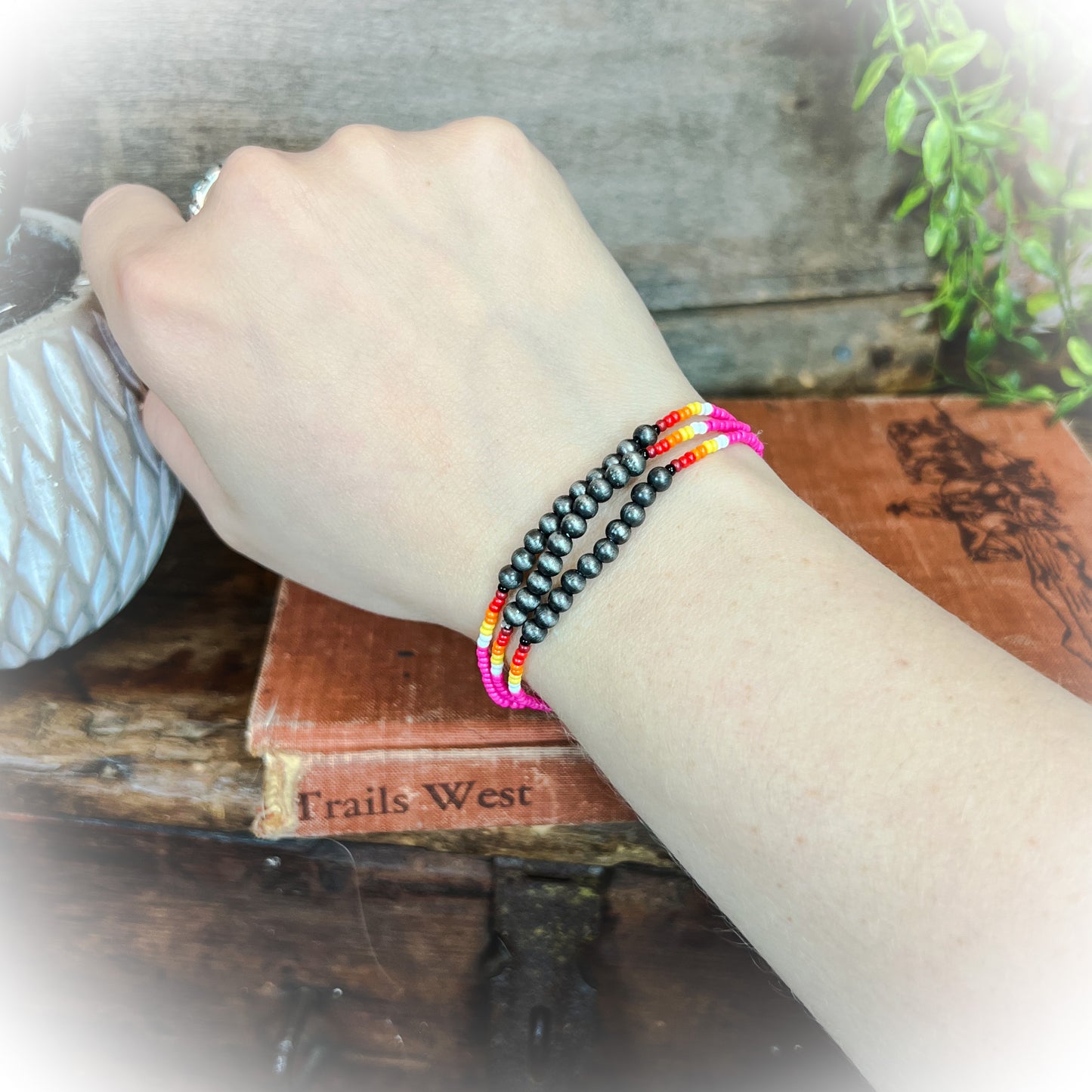 Aztec Seed Bead Stackable Bracelet - Hot Pink
