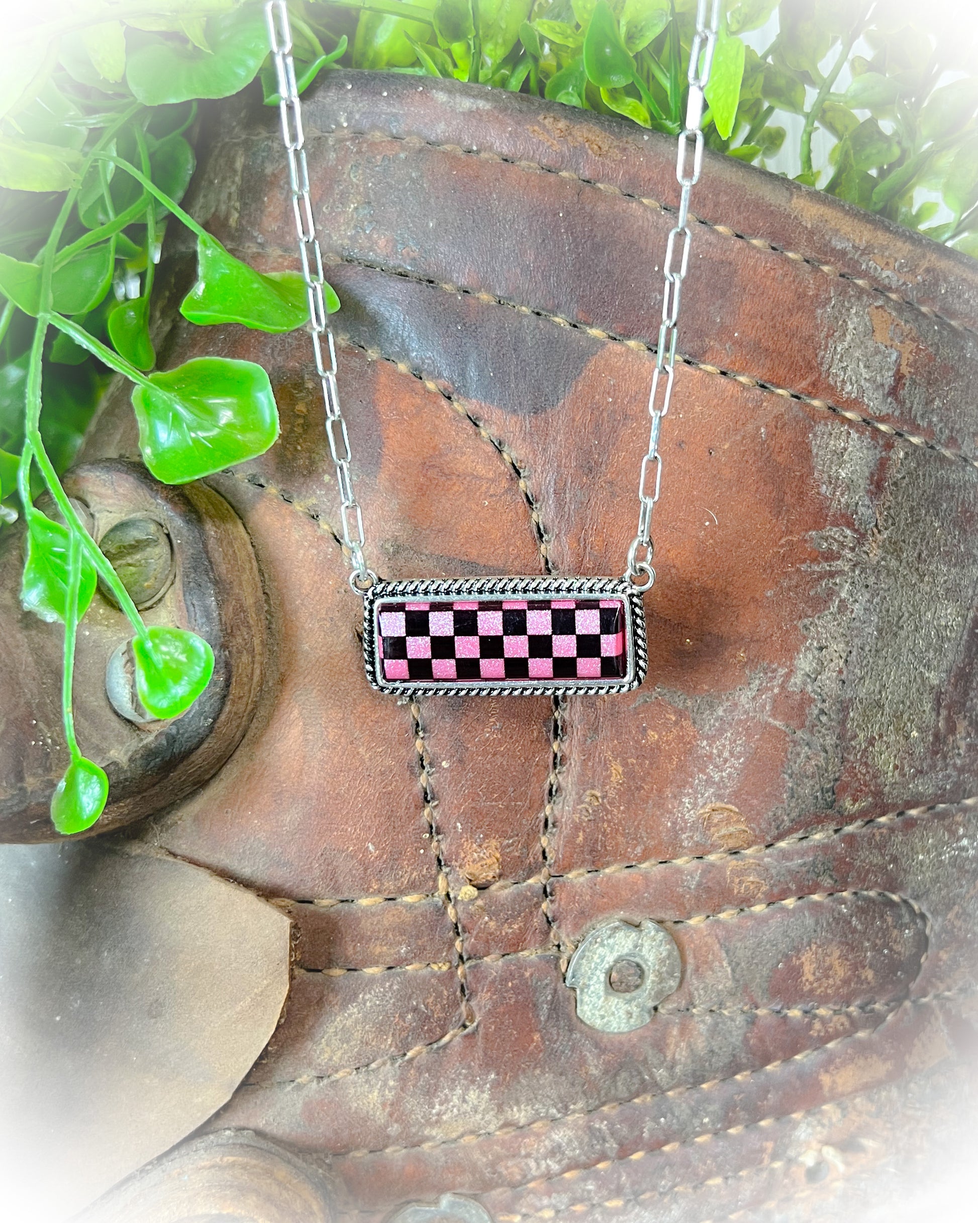 pink and black checkered print bar stone necklace | punchy cactus | western boutique | western jewelry