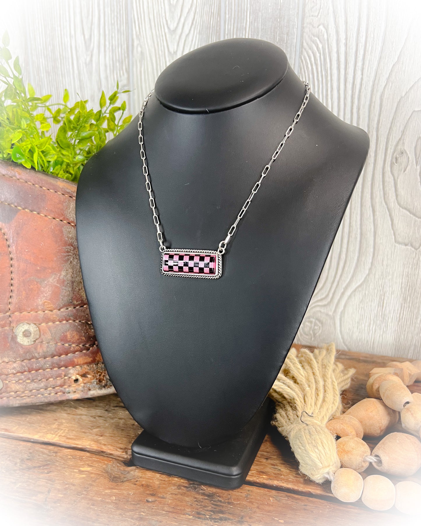 pink and black checkered print bar stone necklace | punchy cactus | western boutique | western jewelry