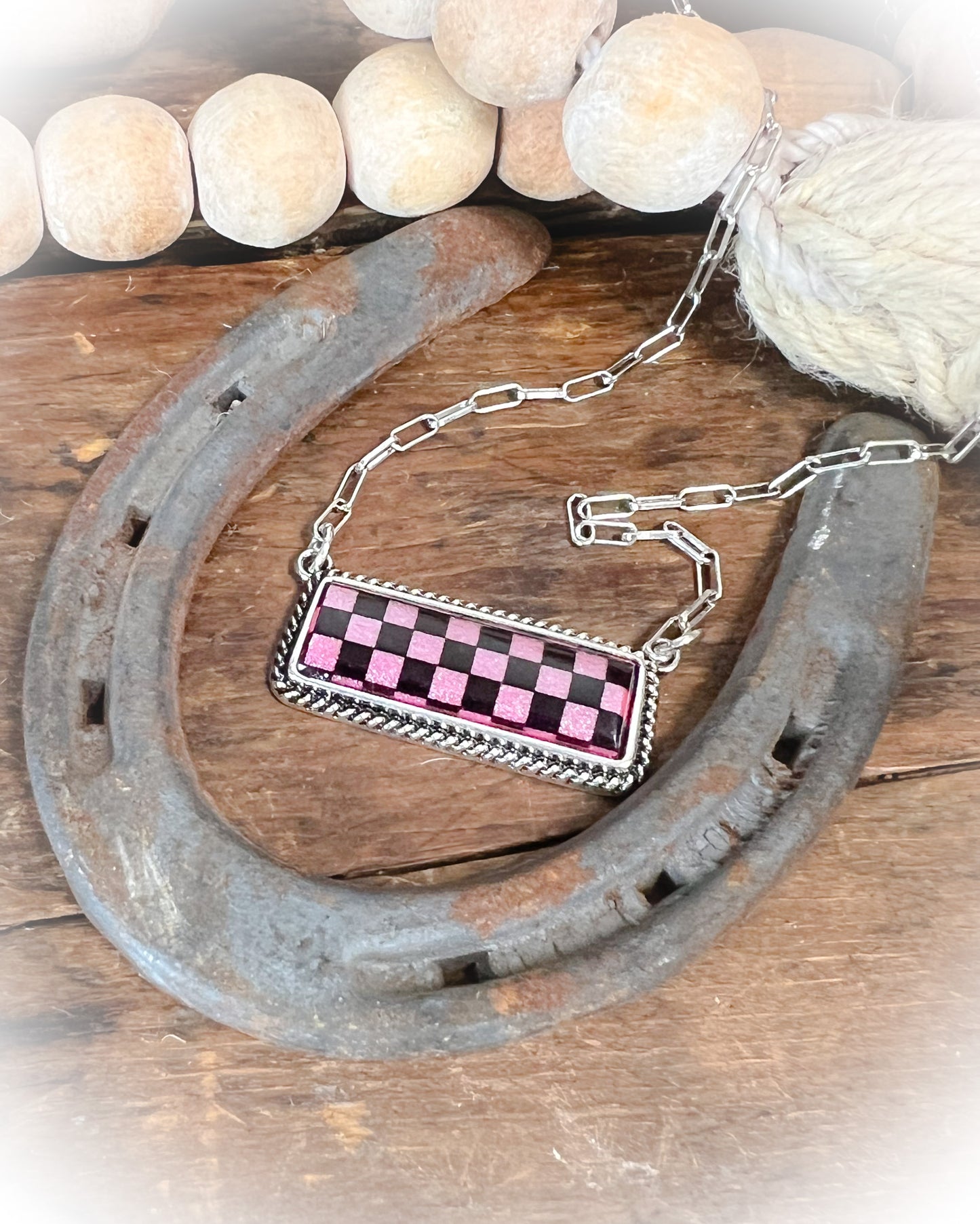 pink and black checkered print bar stone necklace | punchy cactus | western boutique | western jewelry