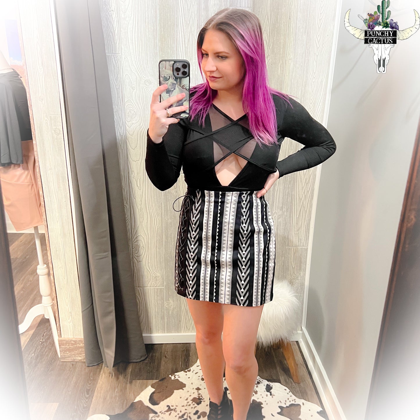 western boho black and white aztec print skirt
