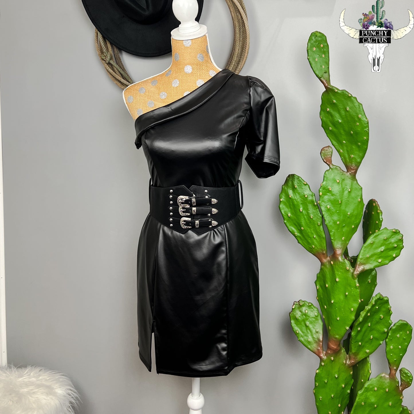western boho faux black leather one shoulder dress