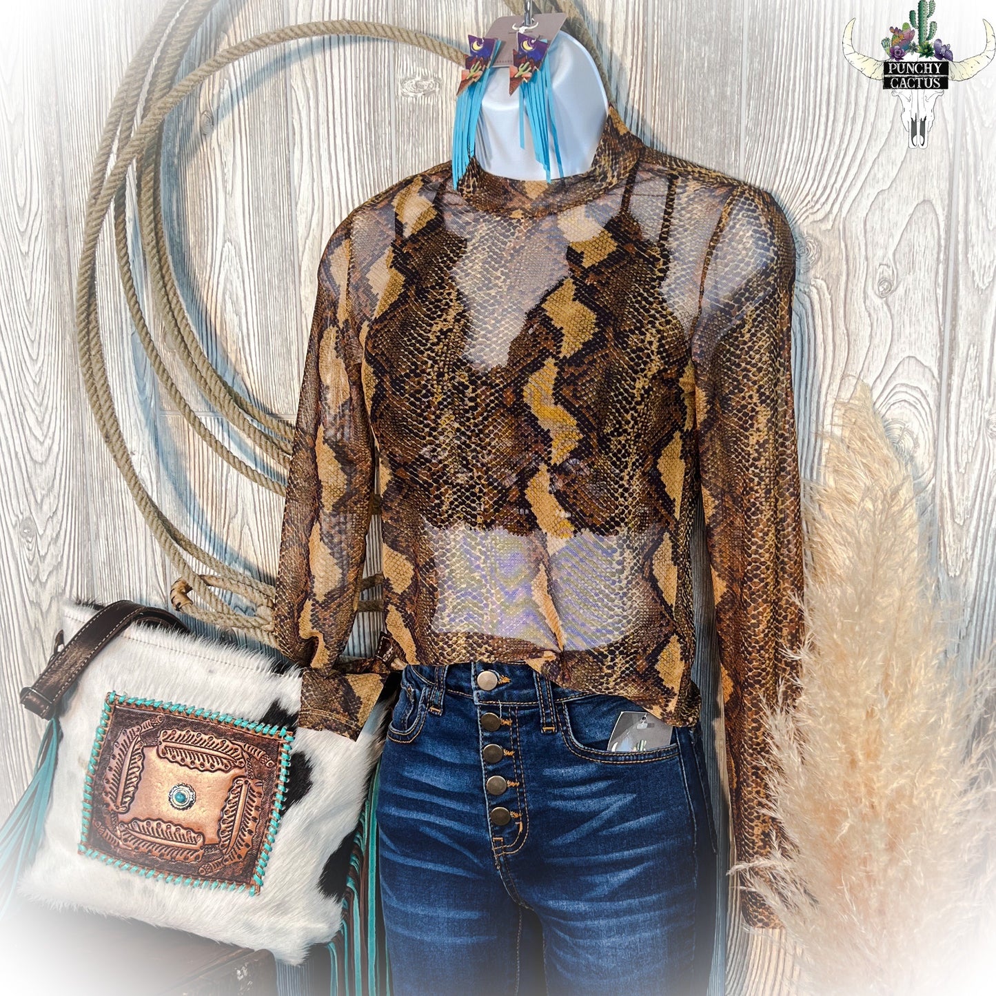 Snake Print Mesh Top - Mustard