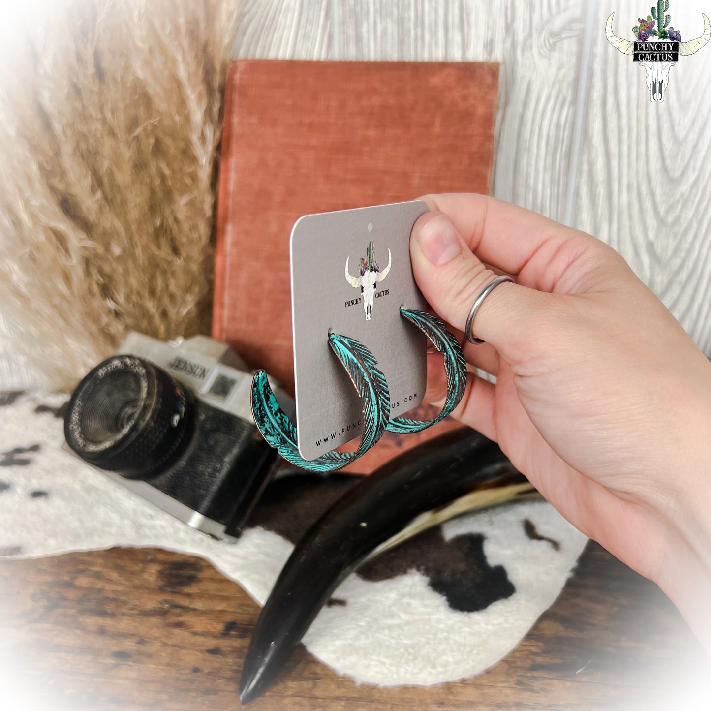 Patina Feather Semi Hoop Earrings