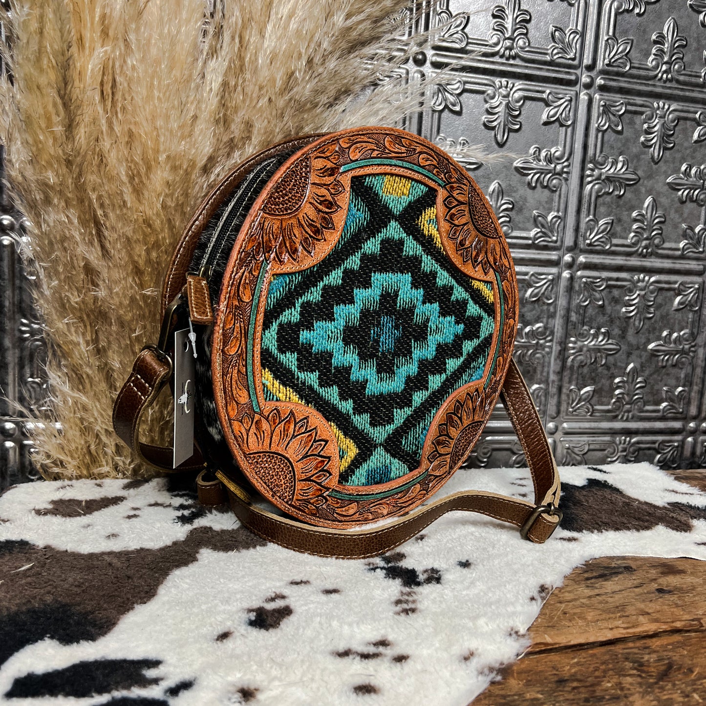 canteen style purse with tooled leather can aztec pattern western boho boutique