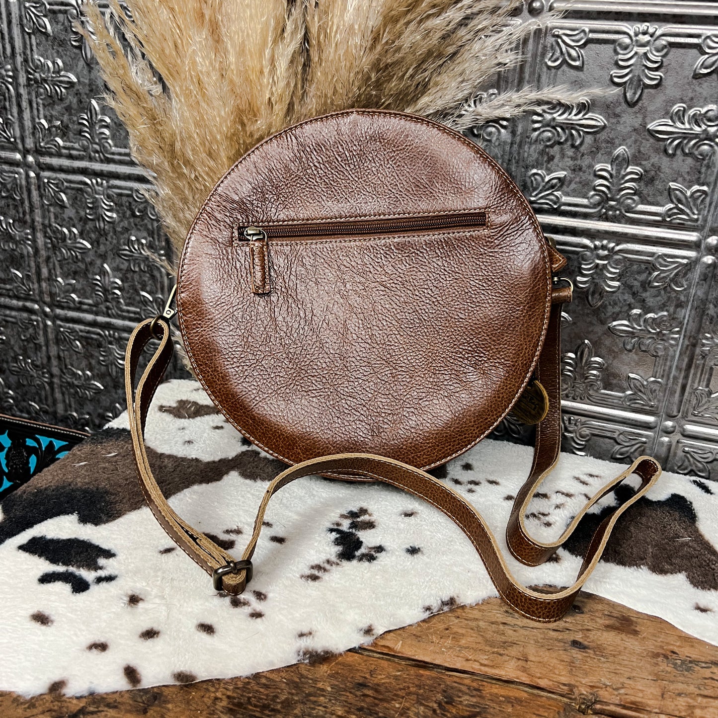 canteen style purse with tooled leather can aztec pattern western boho boutique