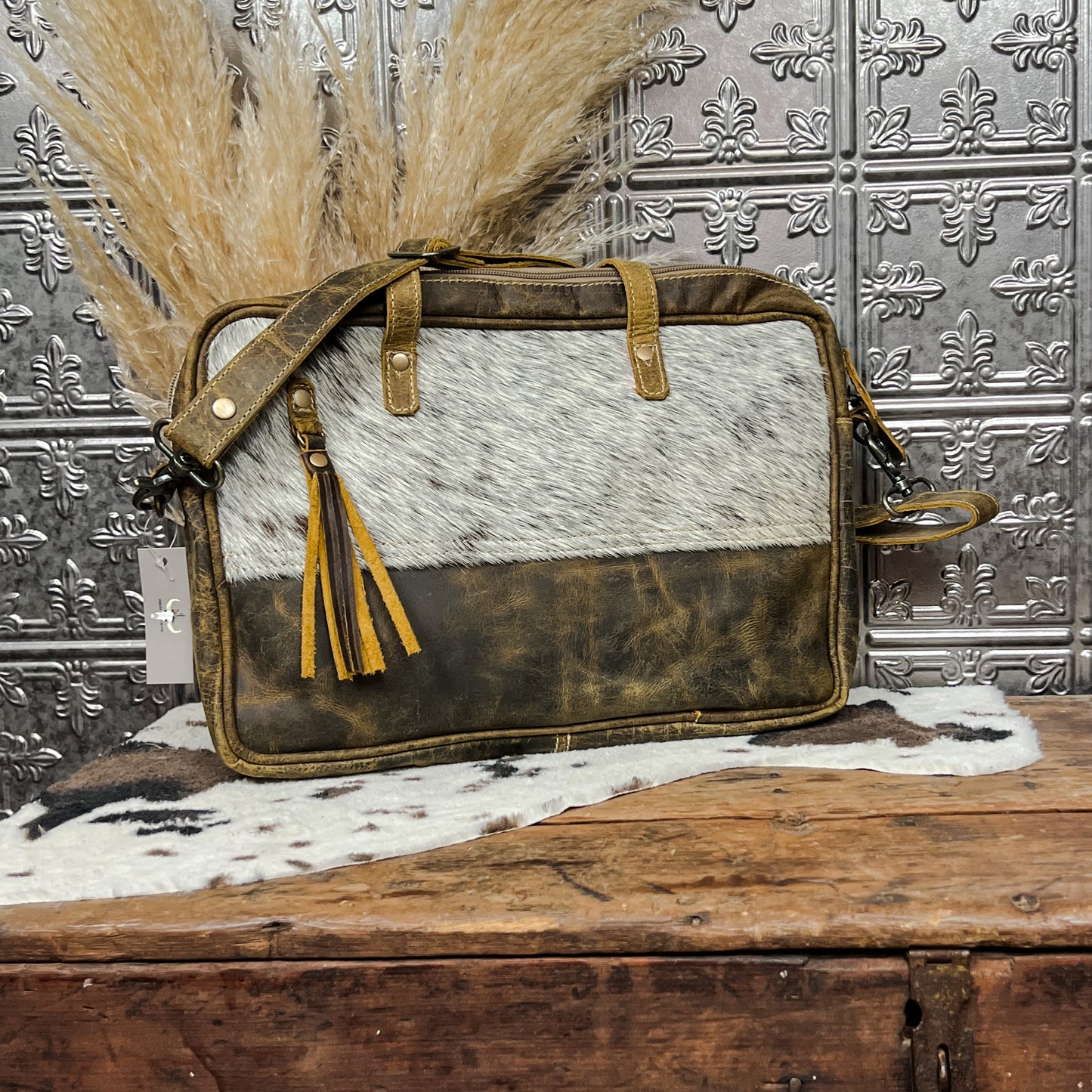 cowhide and leather laptop bag western boho boutique