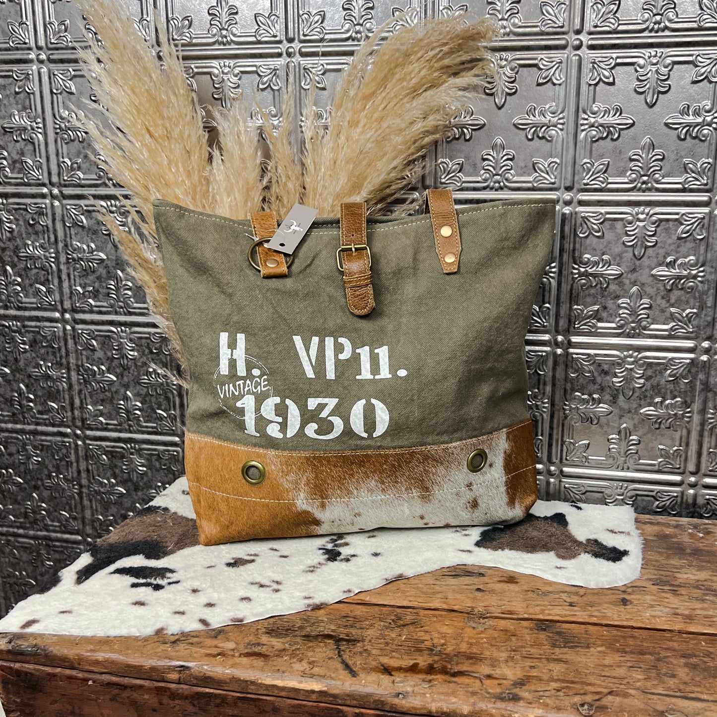 olive canvas tote bag with cowhide western boho boutique