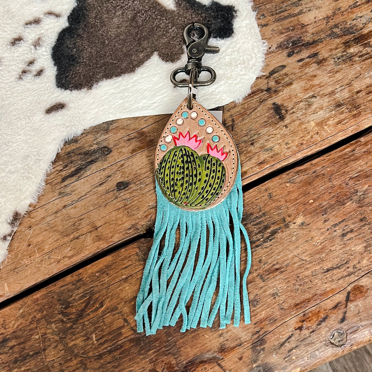 tooled leather cactus keychain with turquoise leather fringe western boho boutique