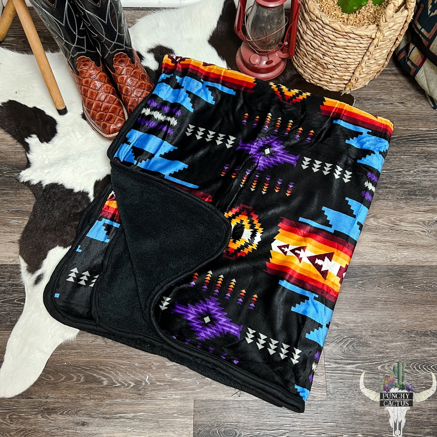 z-Western Aztec Fleece Sherpa Lined Blanket - Black