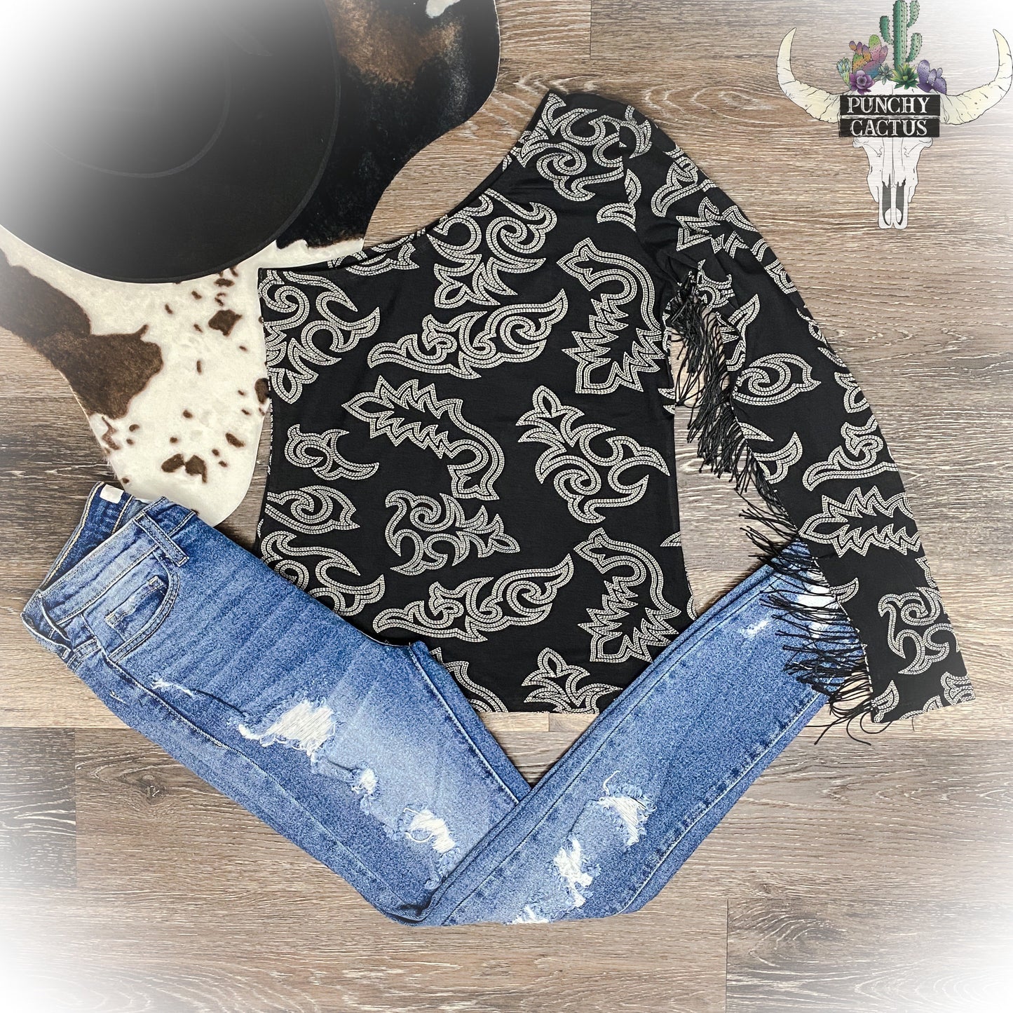 western boot stitch pattern on sleeve fringe western boho top