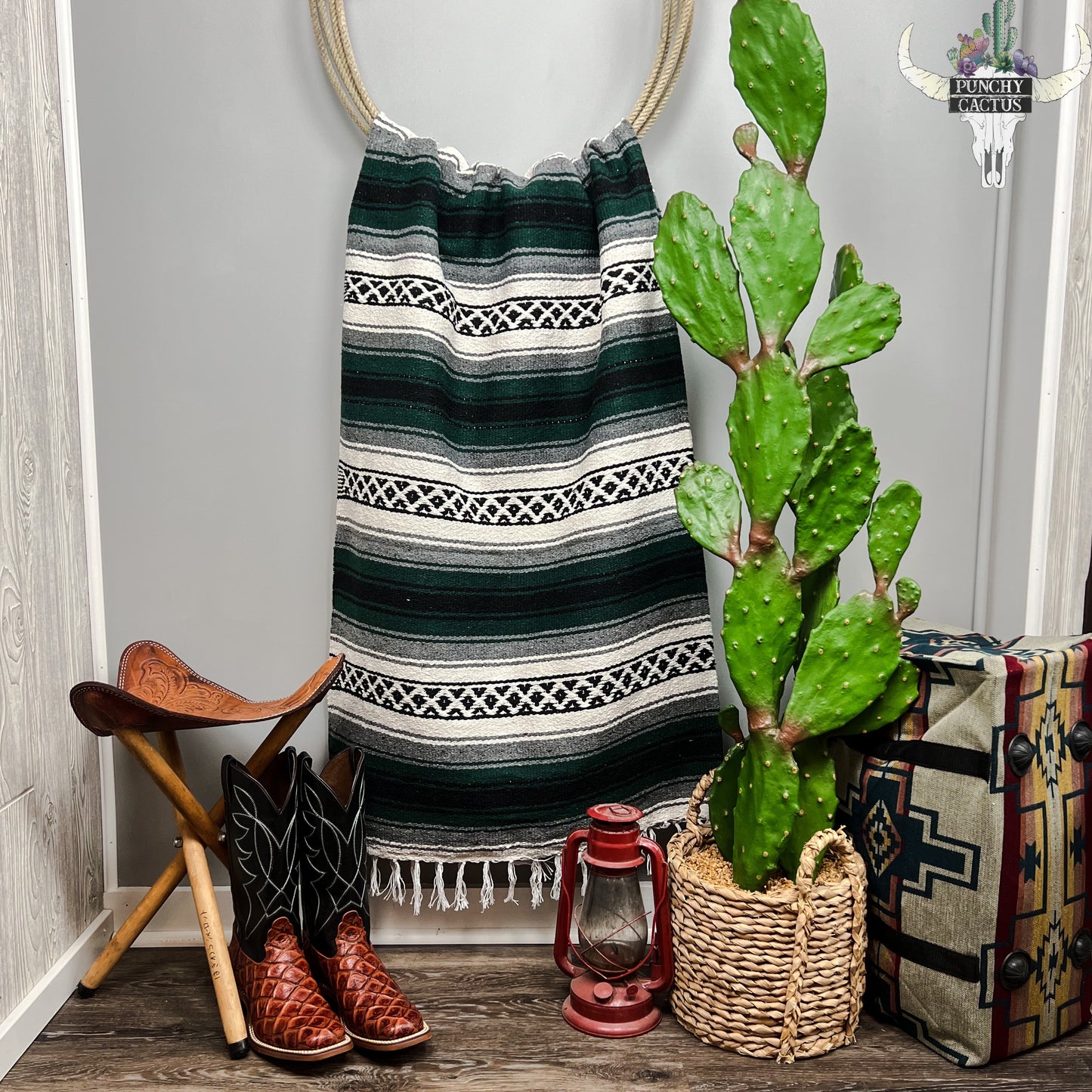 western mexican style falsa large blanket green white black and grey