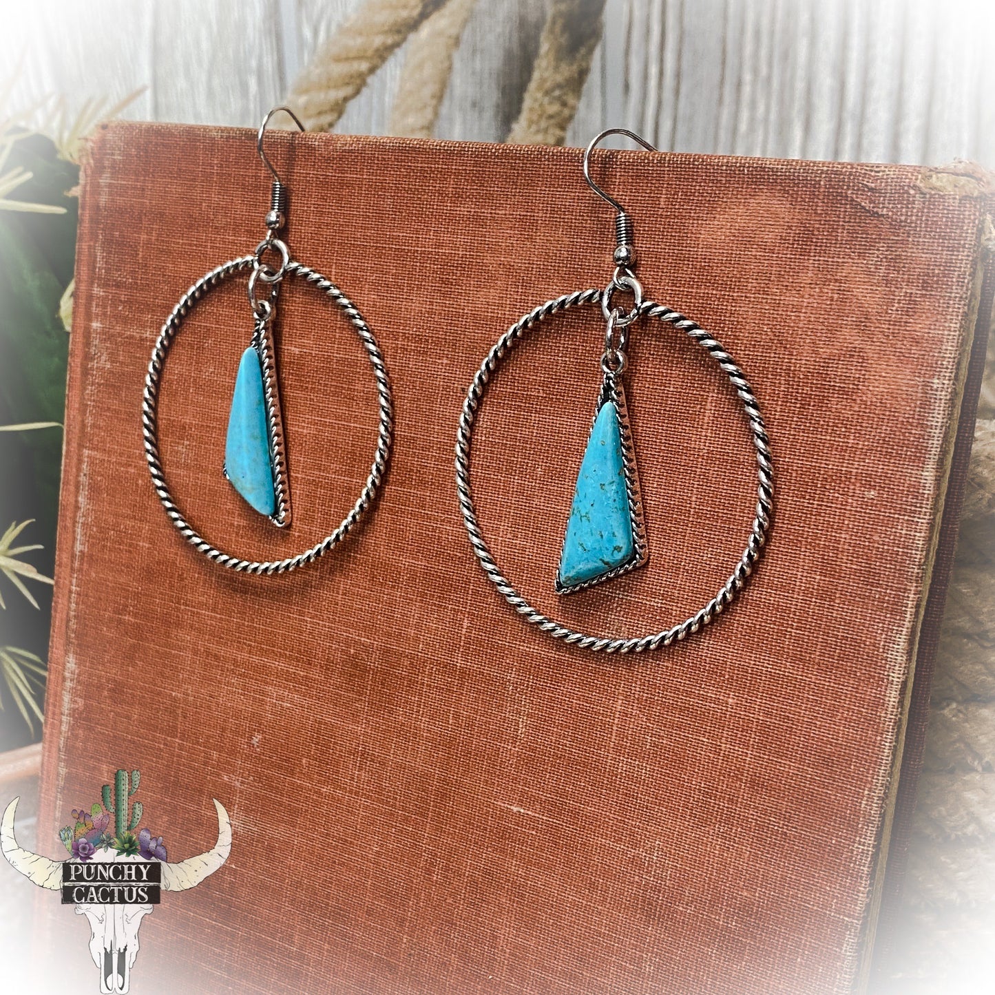 western twisted metal hoop earrings with turquoise stone dangle earrings