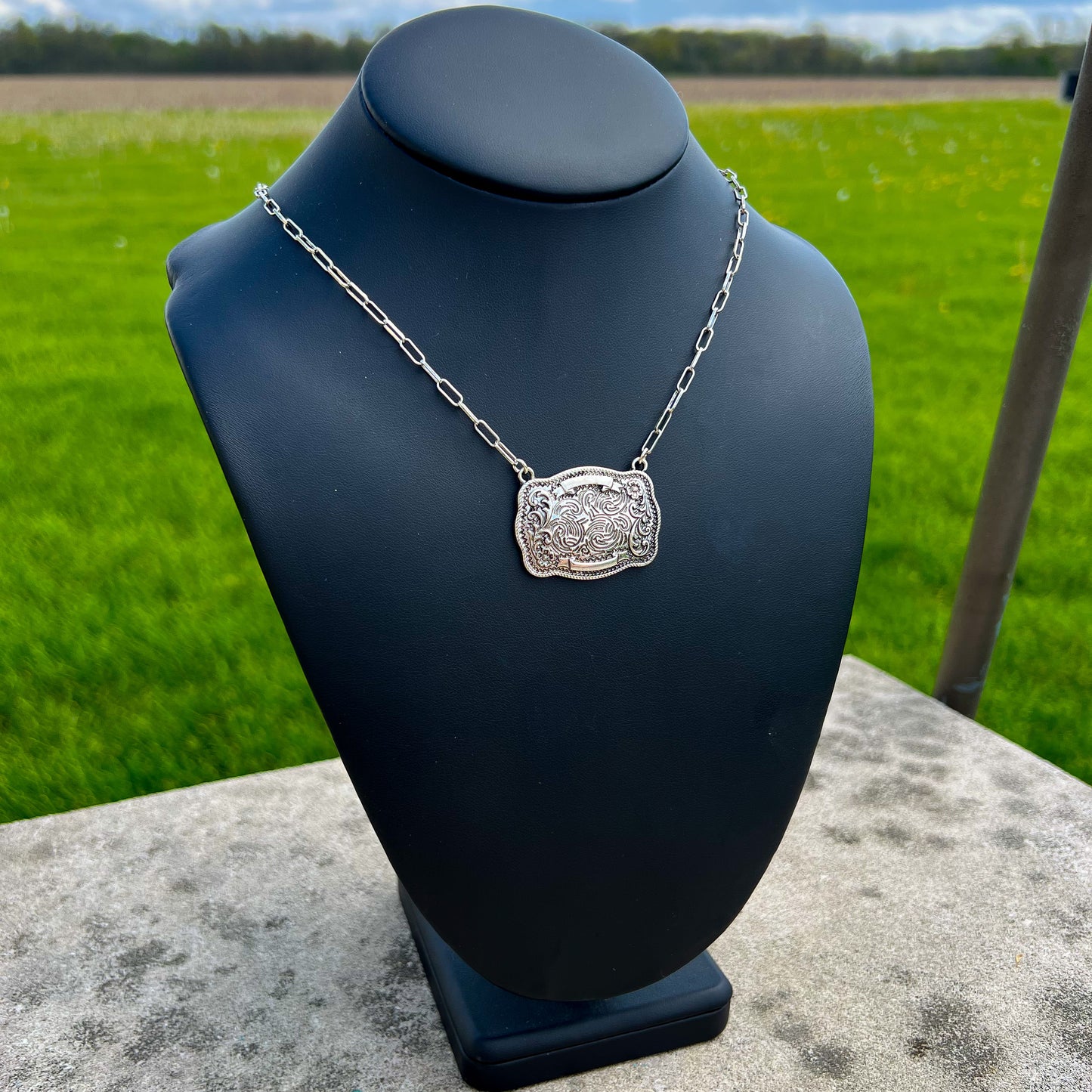 Wild West Buckle Necklace – Silver Paperclip Chain Pendant
