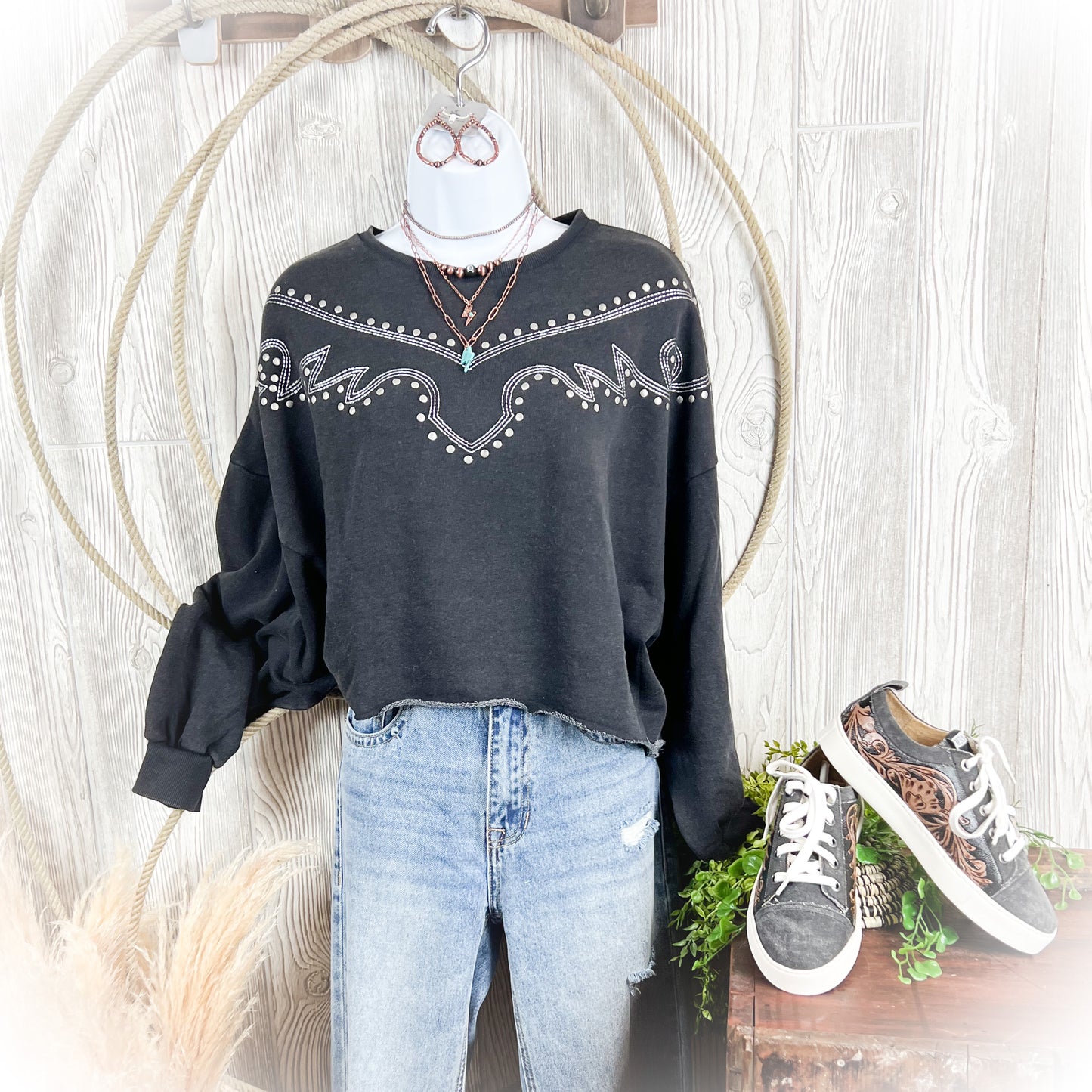 Western Studded Boot Stitch Cropped Crewneck Sweater