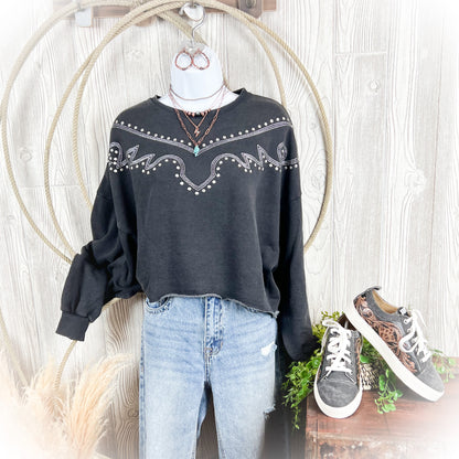 Western Studded Boot Stitch Cropped Crewneck Sweater