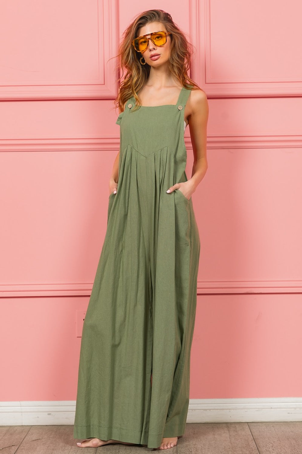 BiBi Ruched Wide Leg Overalls with Pockets - Online Exclusive