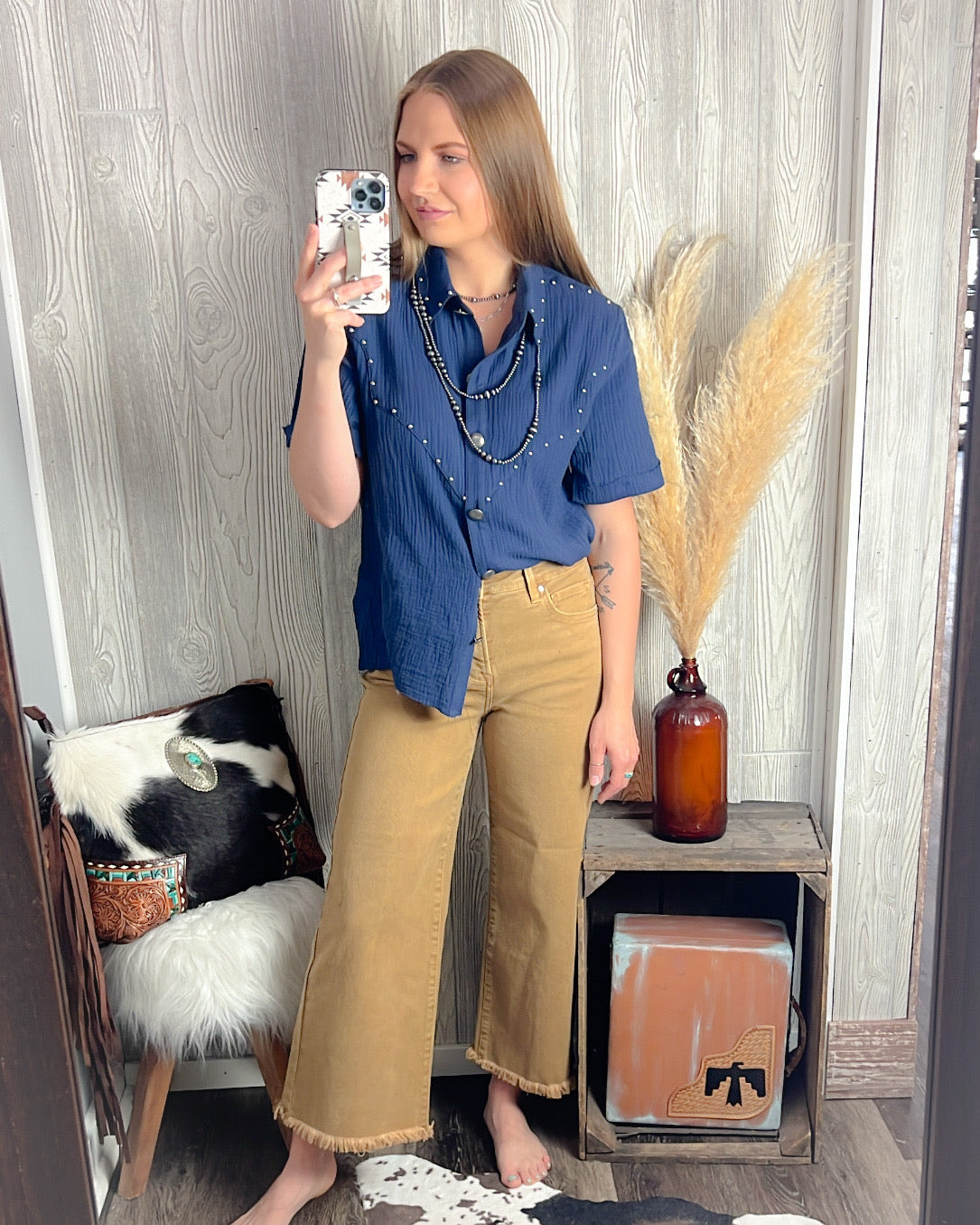 Midnight Rodeo Studded Button Top – Navy