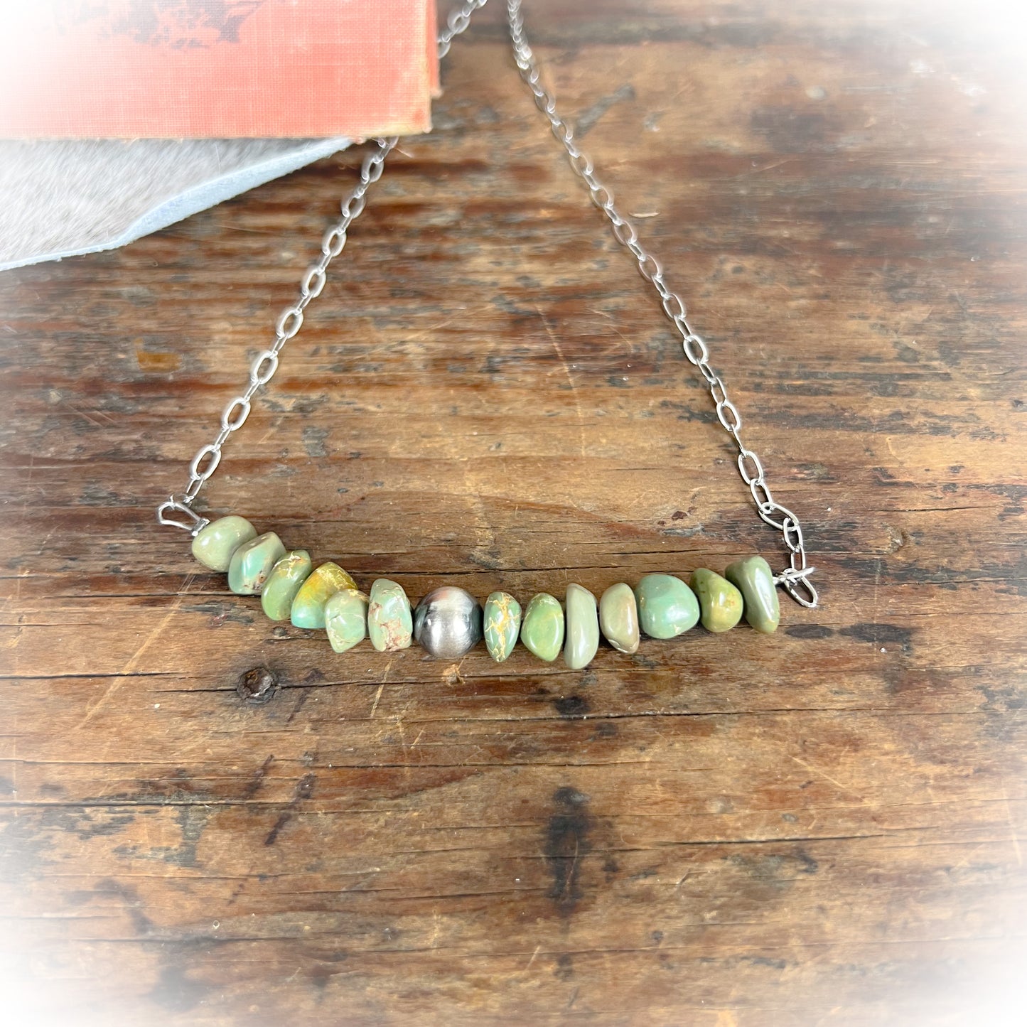 Sage – Green Turquoise Chip Stone Necklace with Sterling Silver Pearl