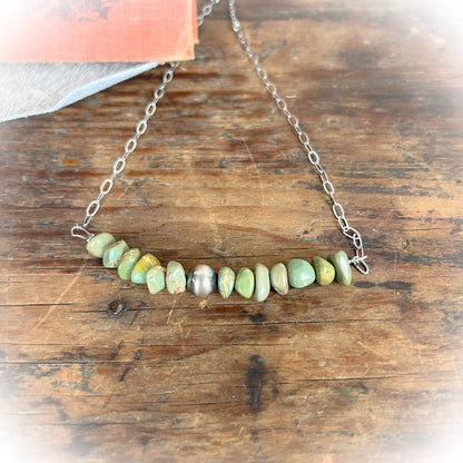 Sage – Green Turquoise Chip Stone Necklace with Sterling Silver Pearl