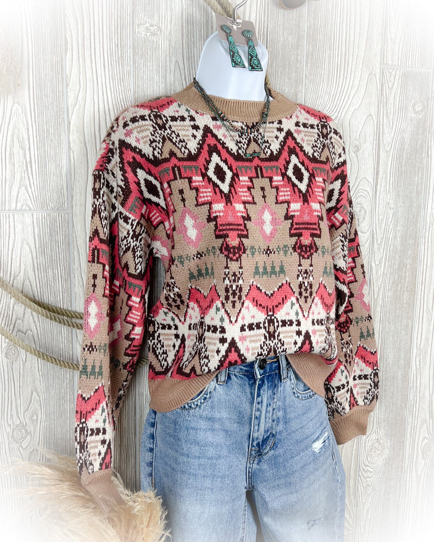 All Over Aztec Sweater - Rose