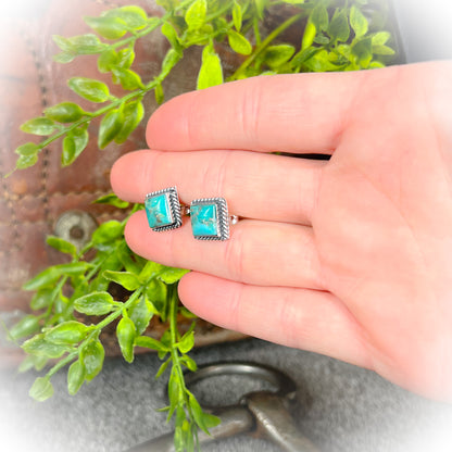 Sterling Silver Rope Edge Authentic Turquoise Stud Earrings