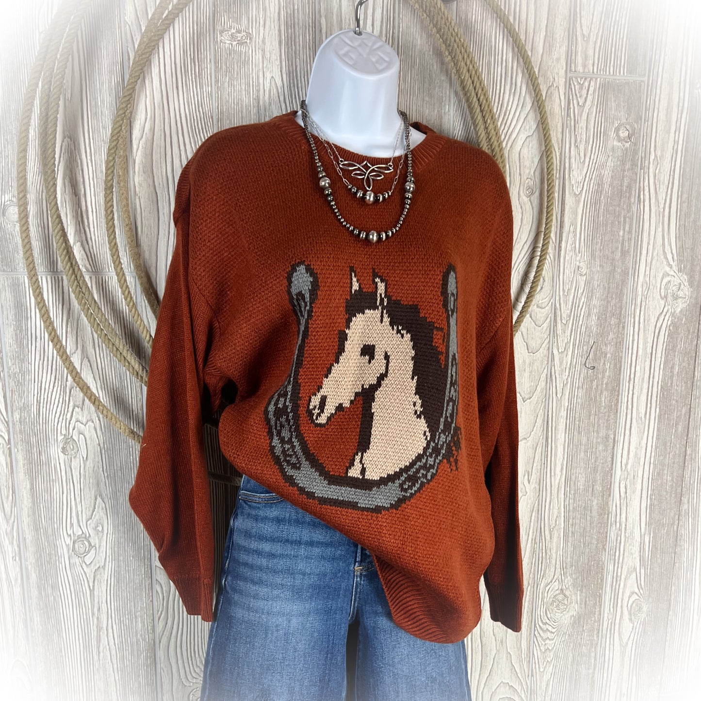 Oversized Western Horseshoe & Horse Head Sweater | Burnt Orange