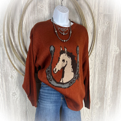 Oversized Western Horseshoe & Horse Head Sweater | Burnt Orange