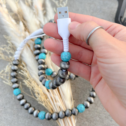 Navajo Style Pearl & Turquoise Beaded Western Charging Cord+